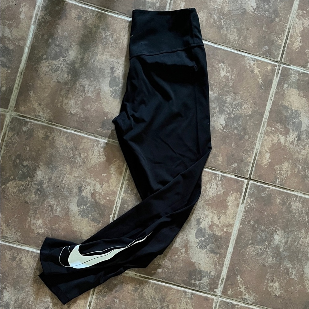 Nike 7/8 Black Running Leggings with White Swoosh